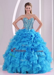 Blue Sweetheart Organza Quinceanera Gowns With Fitted Waist