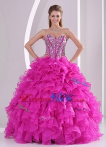 Pretty Sweetheart Ruffles And Beaded Decorate Hot Pink Quinceanera Gowns