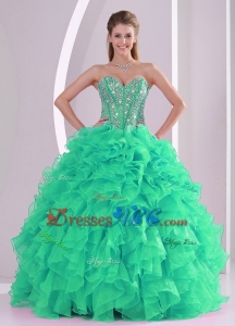 Green Ball Gown Sweetheart Ruffles and Beading Long Quinceanera Gowns in Sweet 16