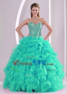 Fall Ball Gown Sweetheart Ruffles and Beaded Decorate Turquoise Quinceanera Gowns