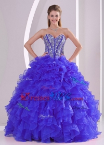 Blue Sweetheart Ruffles and Beaded Decorate Organza Quinceanera Gowns