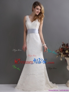 Classical V Neck Lace And Sash Wedding Dress