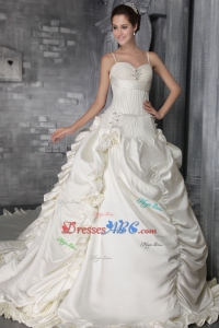 White princess Strap Cathedral Train Taffeta Beading Wedding Dress