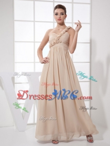 Hand Made Flowers Decorate Bodice Champagne Chiffon One Shoulder Ankle-length Holiday Dress