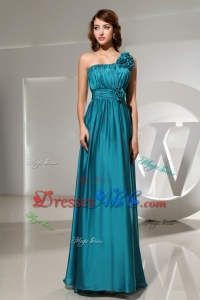 Handle-made Flowers Elastic Woven Satin One Shoulder Empire Teal Floor-length Formal Holiday Dress