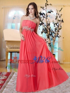 Chiffon Empire Ruching And Beading Strapless Holiday Dress In Watermelon Red