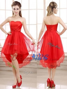 Beautiful Sweetheart Red High-low Dama Dress with Handmade Flowers