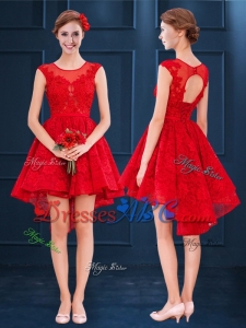 Elegant Laced See Through Scoop Red Dama Dress in High Low