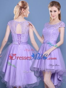 Luxurious See Through Short Sleeves Laced Bodice Dama Dress in High Low