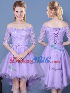 Gorgeous Tulle and Taffeta Half Sleeves Lavender Dama Dress with Off the Shoulder