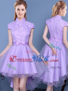 Classical High Neck Zipper Up Laced Bodice Dama Dress with Short Sleeves