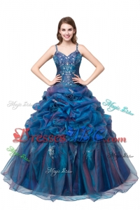 Unique Organza Straps Beaded Bodice Teal Quinceanera Dress with Appliques and Bubbles