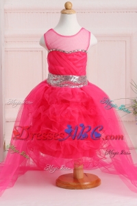 Ball Gown Scoop High-low Sequins Flower Girl Dress in Hot Pink