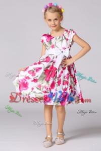Simple A-Line Scoop Mini-length Short Sleeves Flower Girl Dress in Print