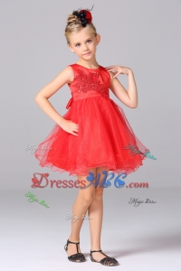 Elegant A-Line Scoop Mini-length Red Flower Girl Dress with Appliques and Bowknot