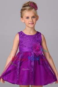 Princess Scoop Mini-length Purple Flower Girl Dress with Handcraft and Lace