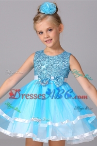 Beautiful Scoop Beaded and Bowknot Aqua Blue Short Flower Girl Dress for Birthday Party