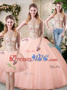 Discount See Through Scoop Big Puffy Detachable Quinceanera Dresses in Peach