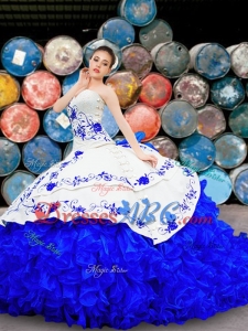 Wild West Pretty Organza and Taffeta Brush Train Quinceanera Gown in White and Blue