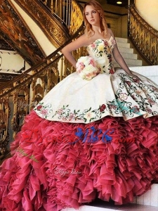 Cheap Embroideried and Ruffled Red and White Quinceanera Dress with Brush Train