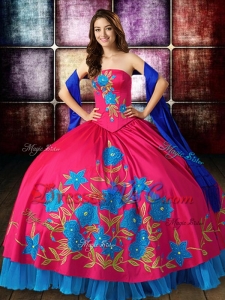 Unique Big Puffy Embroideried Strapless Blue and Red Quinceanera Dress in Taffeta