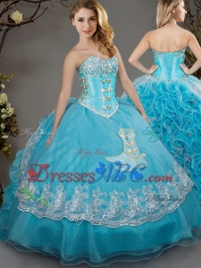 Unique Cowgirl Brush Train Beaded Applique and Laced Quinceanera Dress in Baby Blue