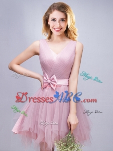 Fashionable V Neck Pink Short Dama Dress with Ruffles and Bowknot