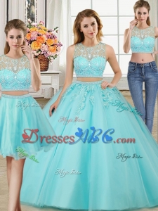 New Style Applique and Beaded Aquamarine Detachable Quinceanera Dresses with Brush Train