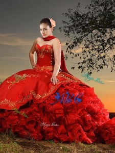Western Theme Popular Sweetheart Organza and Taffeta Red Quinceanera Dress with Court Train