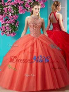 Elegant Halter Top Beaded and Applique Discount Quinceanera Dress in Orange Red