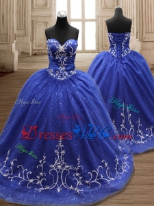 Perfect Embroidery Royal Blue Sweet 16 Dress with Brush Train