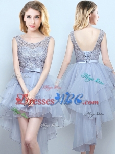 Discount High Low Belted Grey Dama Dress with Laced Bodice and Ruffles