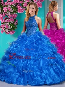 Beautiful Halter Top Beaded and Ruffled Unique Quinceanera Dress in Royal Blue