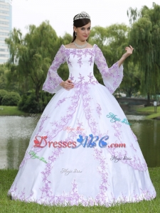 Long Sleeves Square Neckline Embroidery White Sweet 16 Dress