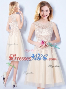 New Style Scoop Tulle Applique Bodice Champagne Dama Dress in Knee Length