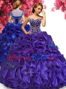 Wonderful Beaded and Ruffled Organza Quinceanera Dress in Purple