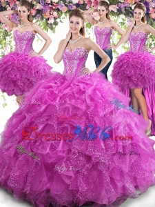 Pretty Beaded Bodice and Ruffled Fuchsia Detachable Quinceanera Dresses in Tulle