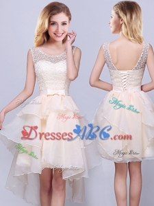 Discount Organza High Low Champagne Dama Dress with Laced Bodice and Ruffles