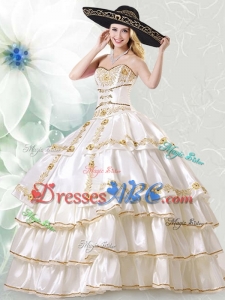 Beautiful White Taffeta Quinceanera Dress with Embroidery and Ruffled Layers