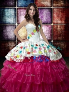 Country LifeStyle New Style Fuchsia and White Quinceanera Dress with Embroidery and Ruffled Layers