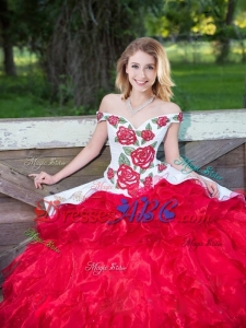 2017 Popular Western Theme Off the Shoulder Embroideried White and Red Removable Quinceanera Dress