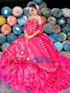 Western Style New Style Brush Train Hot Pink Quinceanera Dress with Beading and Ruffles