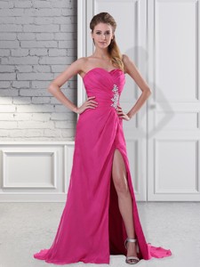 Popular Hot Pink Sweetheart Celebrity Dress With Beading And High Slit