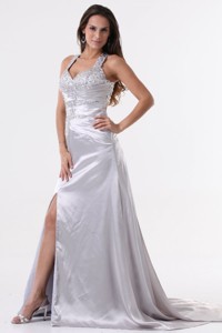 Watteau Train Silver Straps High Slit Celebrity Dress With Beading