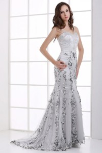 Silver Column Straps Beading And Appliques Celebrity Dress For Spring