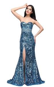 Column Sweetheart Blue Sequins High Slit Brush Train Celebrity Dress