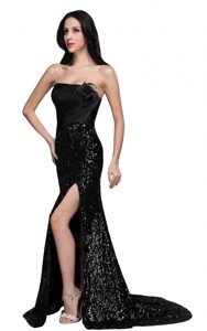 Column Black Strapless Sequins High Slit Brush Train Celebrity Dress