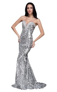 Mermaid Silver Sequins Sweetheart Beading Brush Train Celebrity Dress
