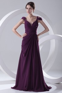 Empire Purple Ruching Straps Cap Sleeves Dress For Prom