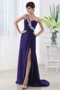 Empire Celebrity Dress With Ruchings And Beading One Shoulder High Spilt Purple